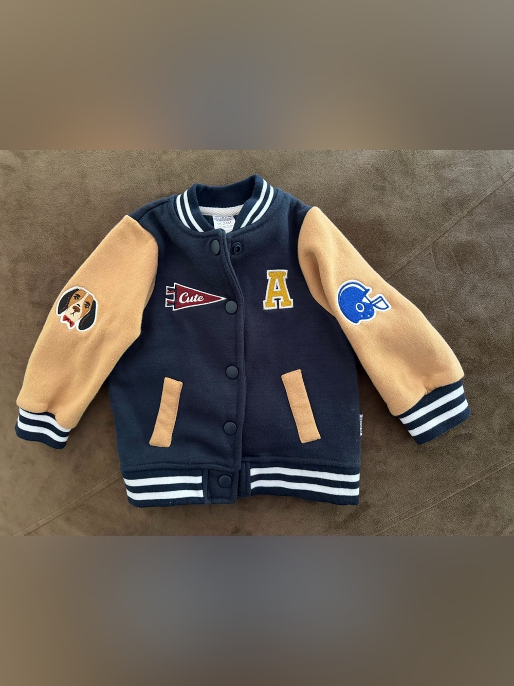 Badgley Mischka Navy and Tan Kids Varsity Jacket with Patches